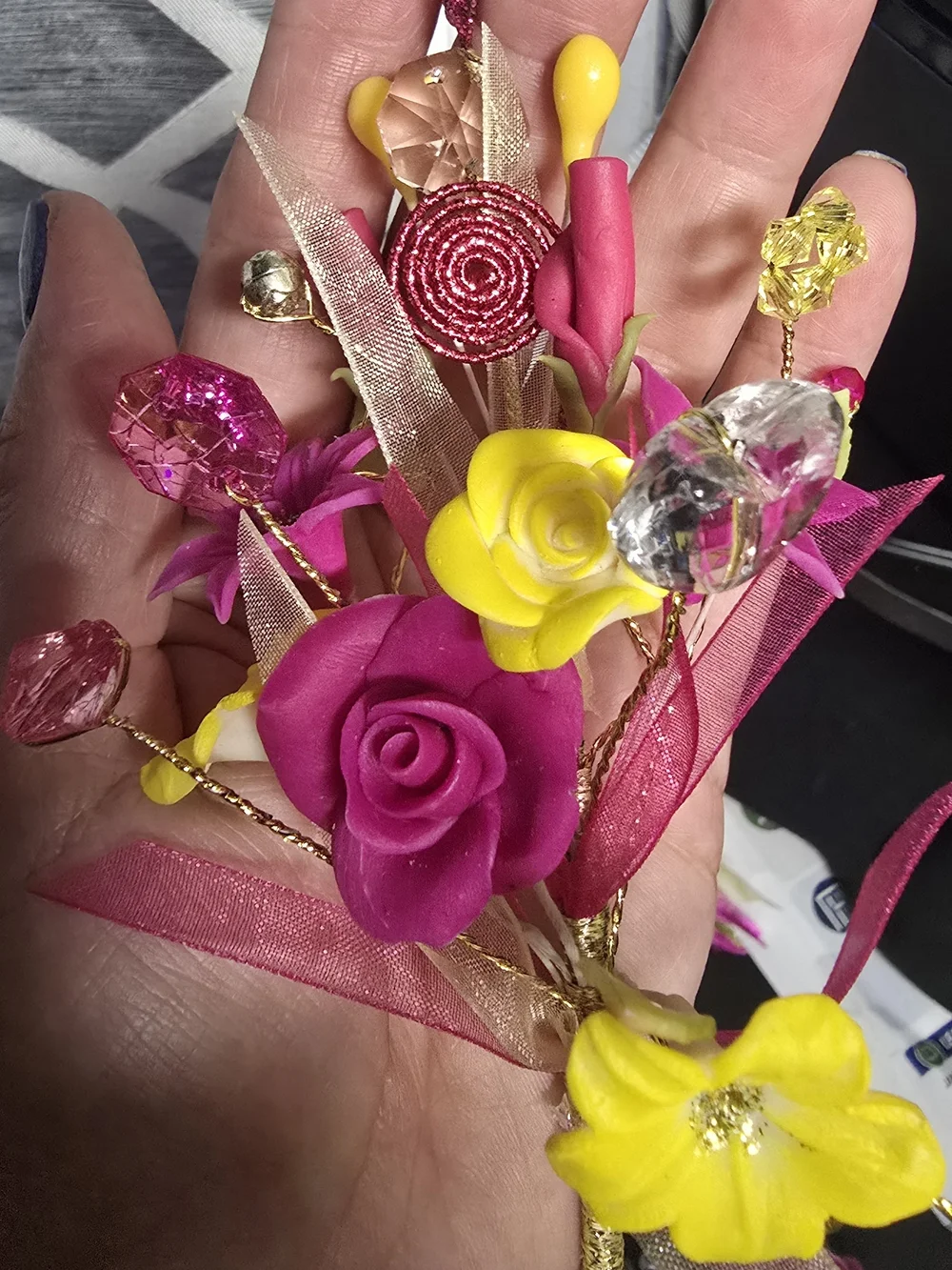 Bright Pink and Yellow Faux Floral Boutonniere Set by